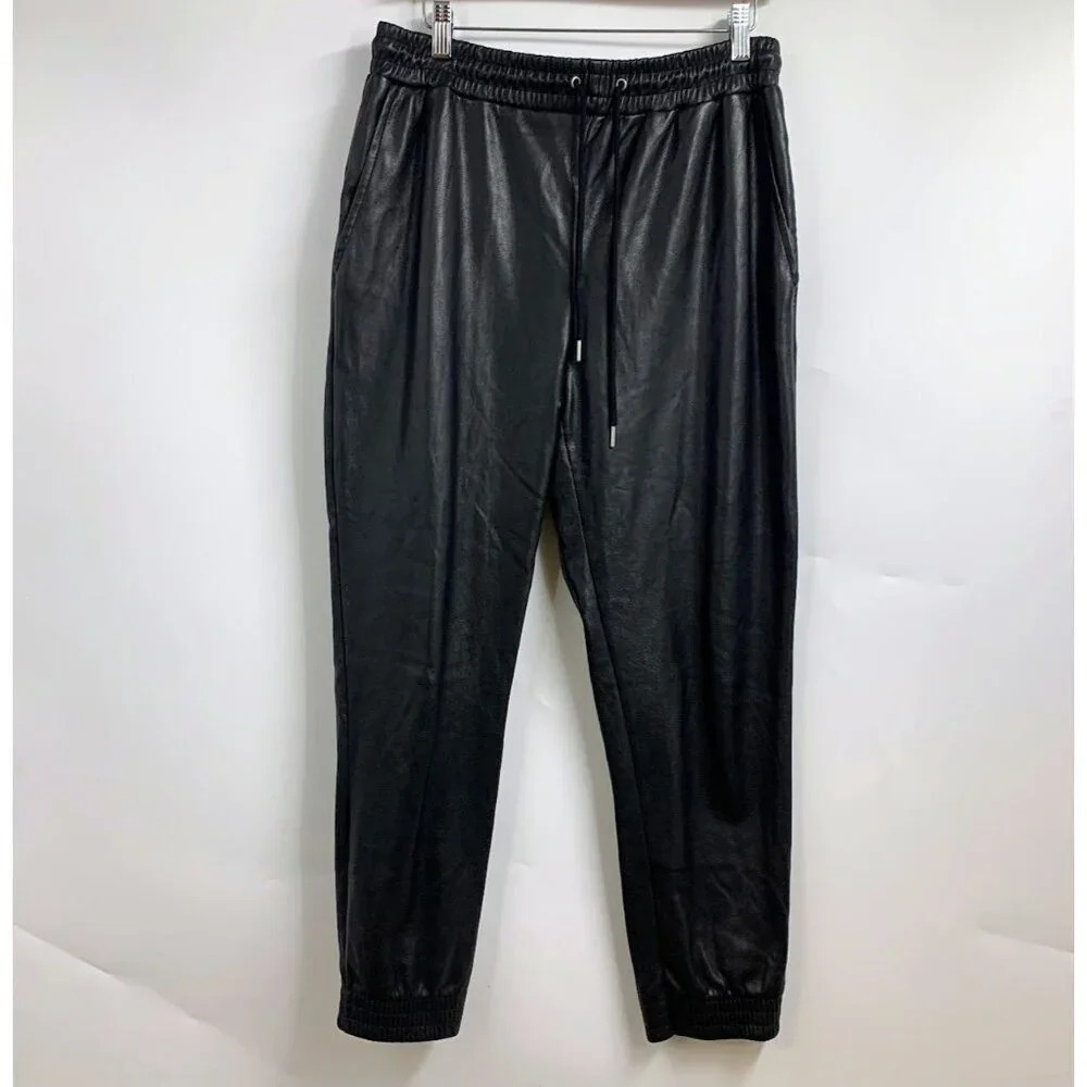 Tahari Women's Faux Vegan Leather High Rise Ankle‎ Crop Jogger Pants Size M